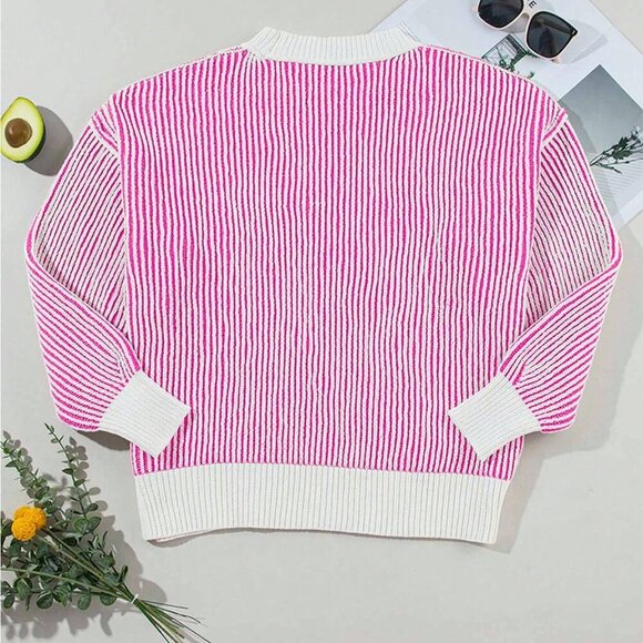 Hot Pink Casual Women's Striped Long Sleeved Round Neck Loose Pullover top - Picture 6 of 8